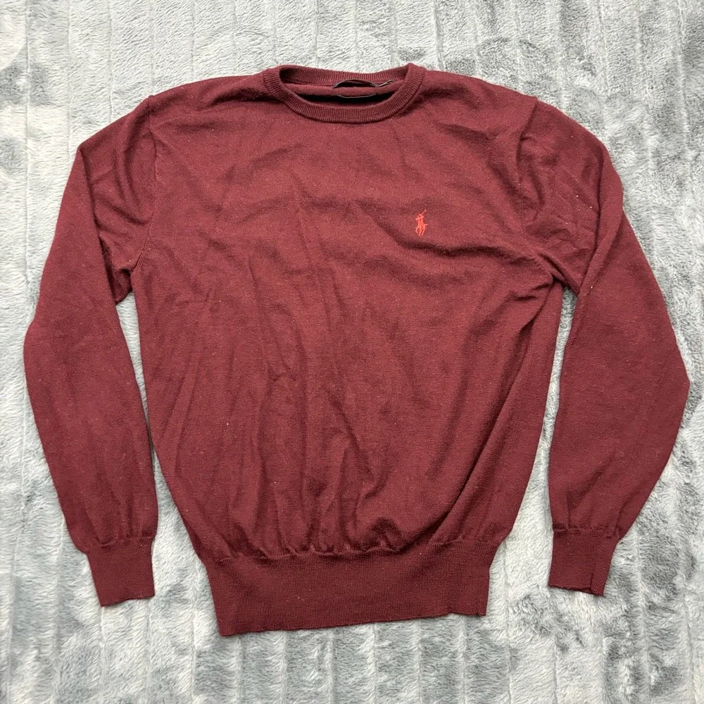 Polo Ralph Lauren Mens Burgundy Washable Merino Wool Crewneck Sweater Small